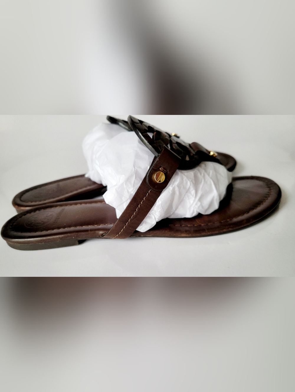 Tory Burch Miller Brown Chocolate Leather Logo Thong Sandals US 8.5 - Picture 15 of 16